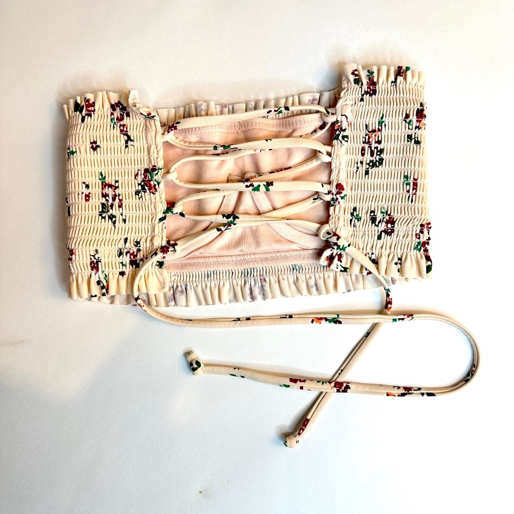 Smocked Floral Tube Crop Top w/underwire, Swim pink/cream floral lace up stretch